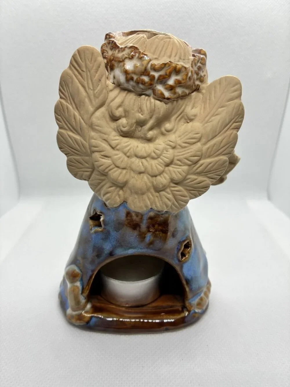 Ceramic Angel Candle Holder Figurine Christmas Decor Tea Light Warmer Blue Brown